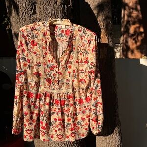 LOFT Floral Lace Trim Blouse, Boho Romantic Peasant Top